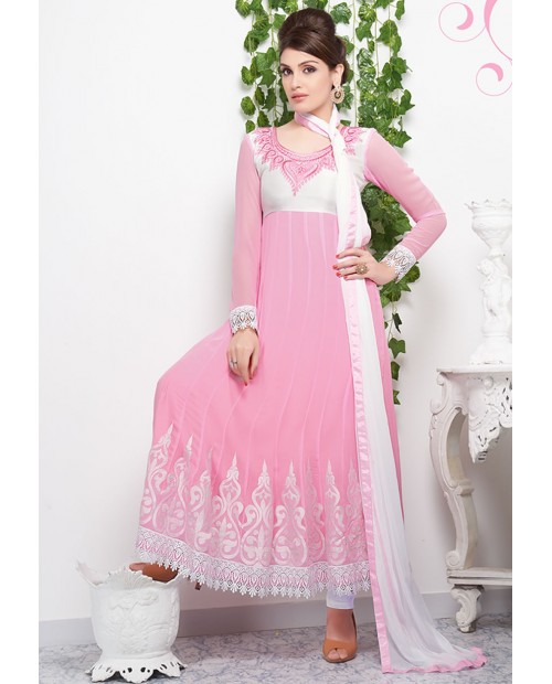 Fabulous Light Pink Color Georgette And Lace Anarkali Suit